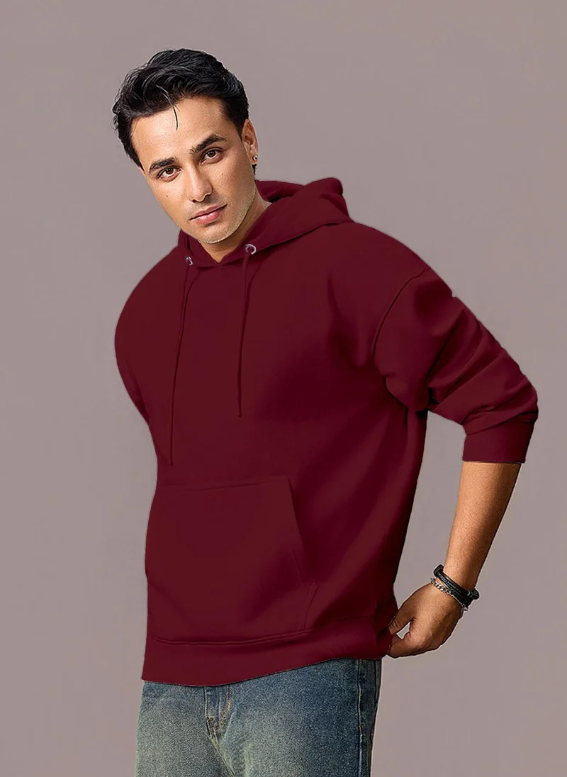 Urbano Fashion Men's Maroon Cotton Solid Oversized Hooded Neck Sweatshirt